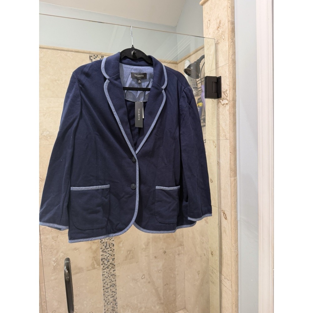 Talbots Womens Long Sleeve Button Front Navy Blue Blazer Jacket Xl Cotton Nwt